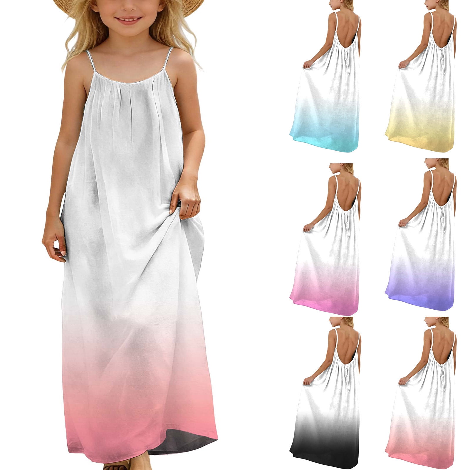 Bnwani Girls' Gradient Color Long Dress Loose Fit Sleeveless Suspender ...