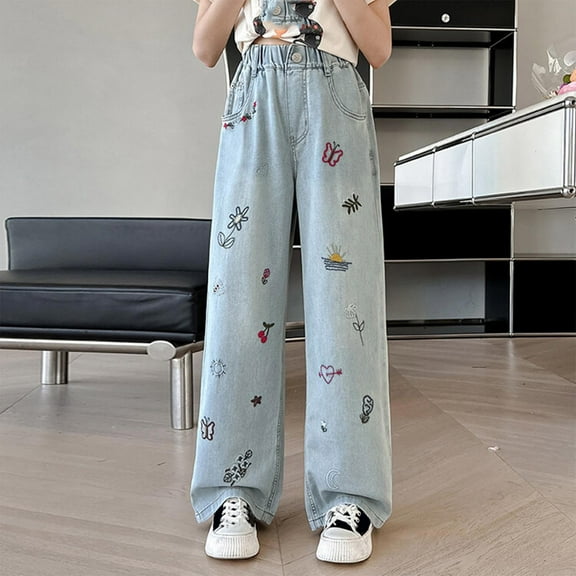 Bnwani Girls Jeans Wide Leg Pants Elastic Waist Button Butterfly Casual Outdoor Denim Pants with Pockets Size 5-15