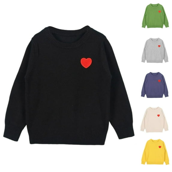 Bnwani Girls Pullover Sweater Knitted Crew Neck Warm Heart Printed Sweater Black