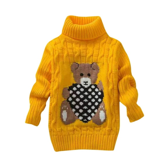 Bnwani Girls Pullover Sweater Winter Fashion Knitted Cotton Turtleneck Long Sleeve Thickened Warm Casual Solid Bear Printed Sweater Yellow