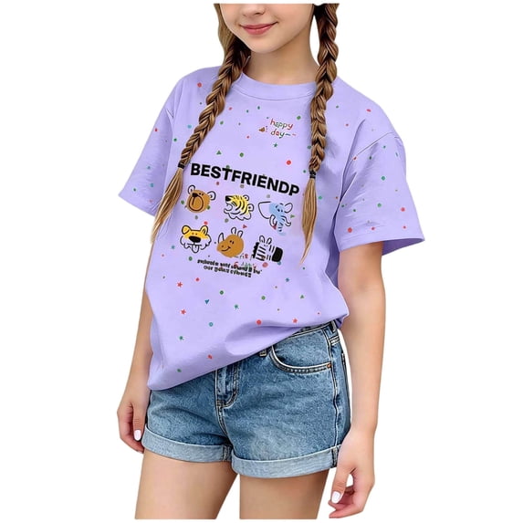 Bnwani Girls Shirts Casual Crew Neck Shirt Comfortable Summer Tops Purple Sizes 2-12
