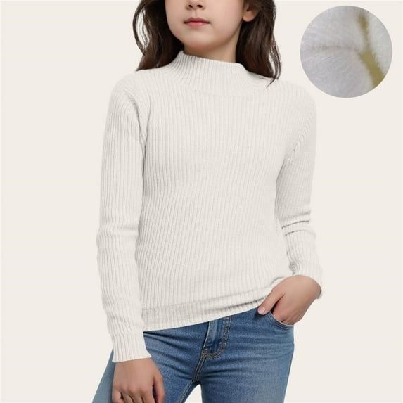 Bnwani Girls Sweater Knitted Cotton Turtleneck Long Sleeve Warm Comfortable Casual Solid Sweater White