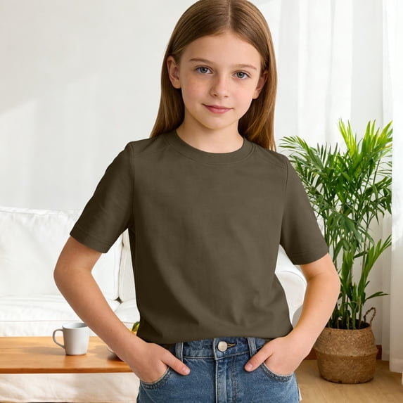 Bnwani Girls T-shirts Casual Crew Neck Shirt Comfortable Summer Tops Army Green Sizes 3-16