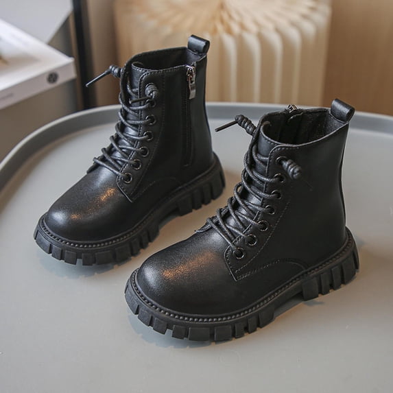 Bnwani Girls Winter Boots Ankle Boots Lace Up Short Combat PU Leather Riding Side Zipper PUnk Goth Booties 3-11 Years