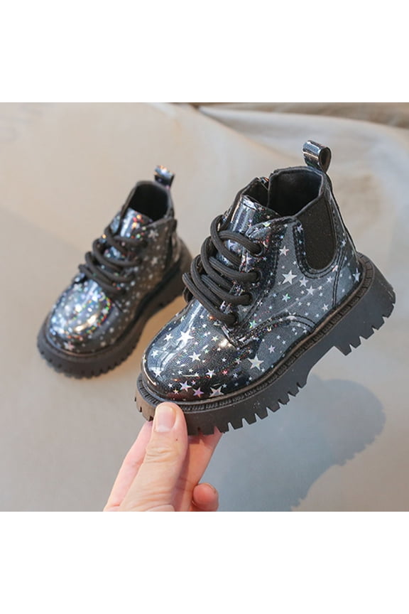 Girls Winter Boots Lace Up Ankle PU Leather Shiny Patent Lace Star Print British Booties 1-6 Years