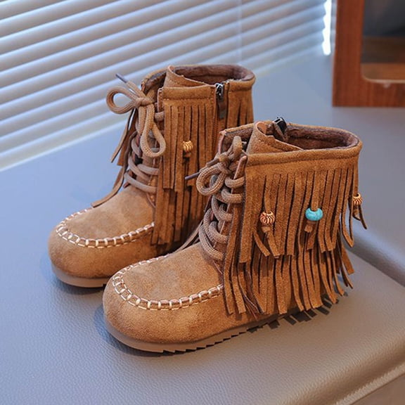 Bnwani Girls Winter Boots Mid-Calf Short Side Zipper Fleece Lined Warm Tassel Princess Boots 2-11 Years