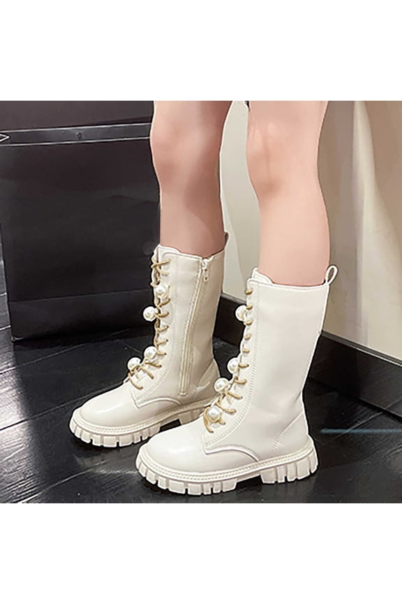 Girls Winter Boots PU Leather Side Zipper Pearl Bow Boots 4-11 Years