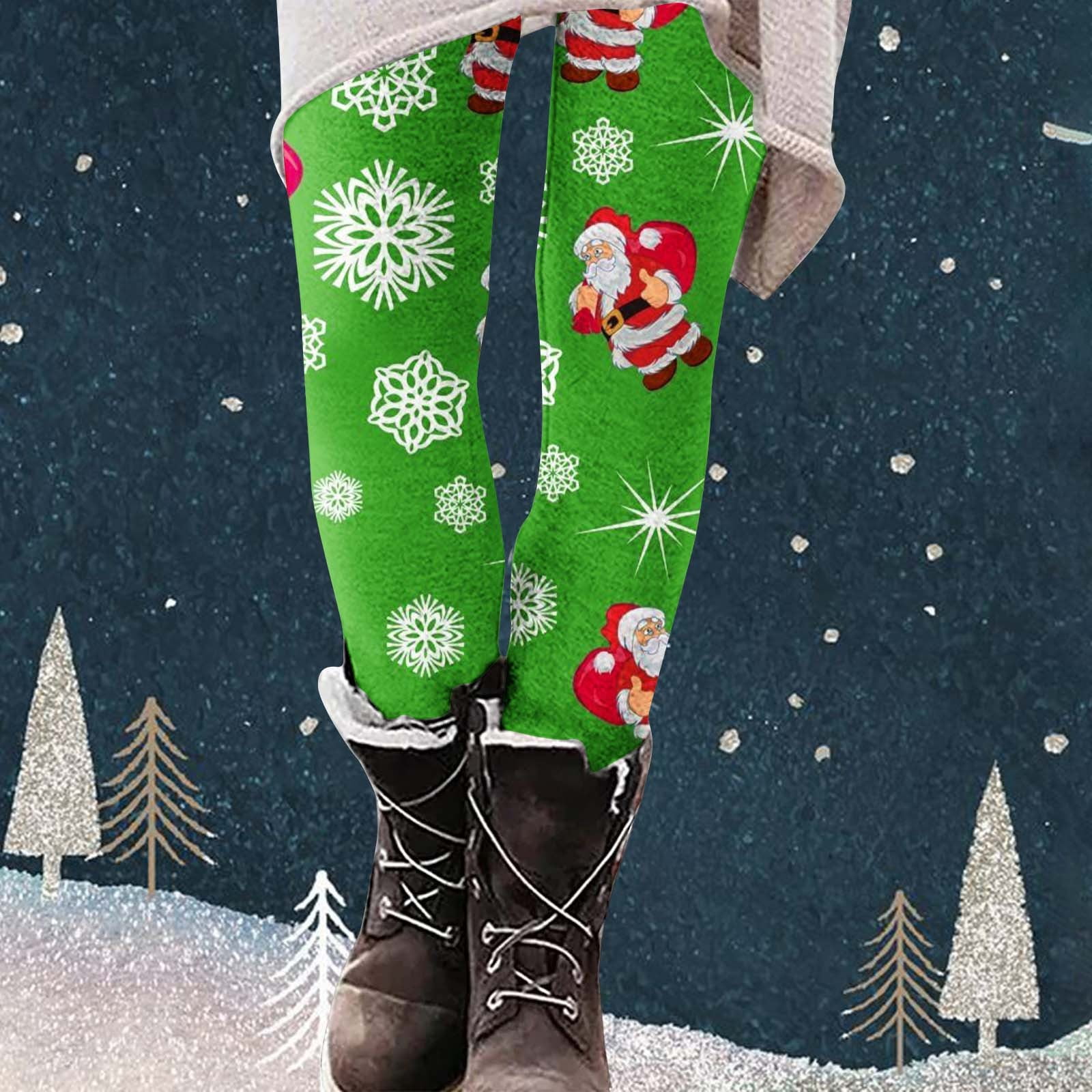 Bnwani Green Fleece Lined Pants Women Fall Casual Christmas Printed