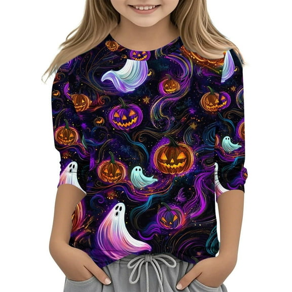 Bnwani Halloween Long Sleeve Toddler Shirts Plain Crew Neck Casual Printed Tops 3-4t
