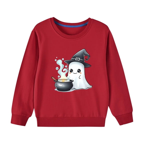 Bnwani Halloween Toddler Crew Neck Sweatshirts Fashion Long Sleeve Cotton Casual Cute Solid Ghost Print Red Size 7 Years