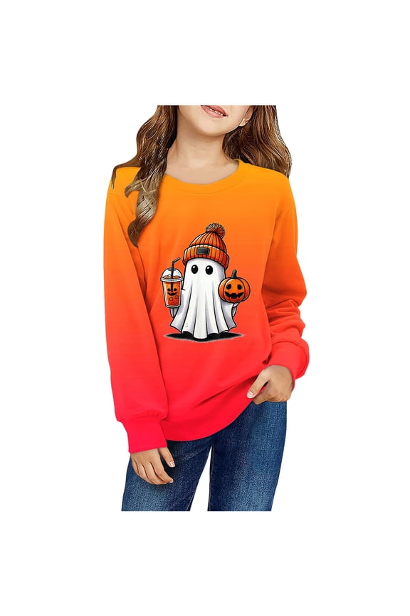 Halloween Toddler Crew Neck Sweatshirts Long Sleeve Casual Gradient Ghost Print Orange Size 11 Years