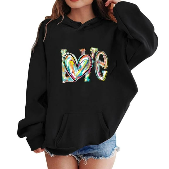 Bnwani Hoodies Girls Crew Neck Long Sleeve Pockets Short Sweatshirt Hearts Graphic Printed Tops Pullover