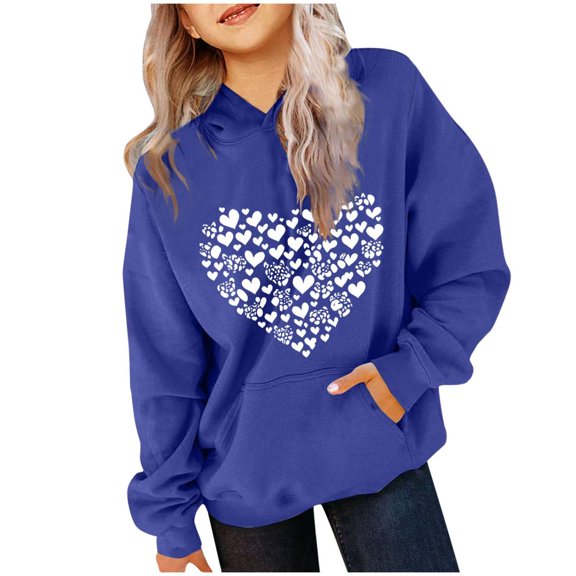Bnwani Hoodies for Big Girls Crew Neck Long Sleeve Pockets Sports Sweatshirt Hearts Graphic Printed Tops Pullover Size 7-8