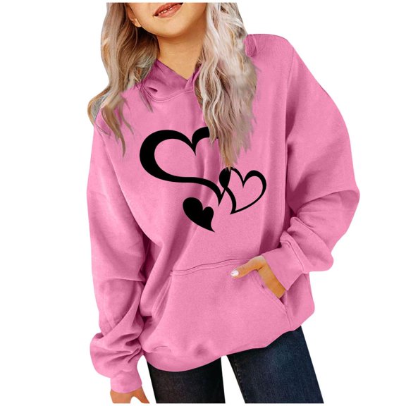 Bnwani Hoodies for Big Girls Crew Neck Long Sleeve Pockets Sports Sweatshirt Hearts Graphic Printed Tops Pullover Size 7-8
