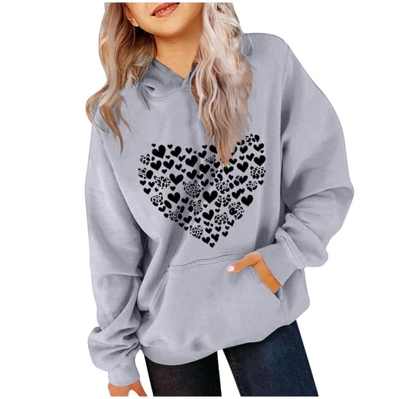 Bnwani Hoodies for Big Girls Crew Neck Long Sleeve Pockets Sports Sweatshirt Hearts Graphic Printed Tops Pullover