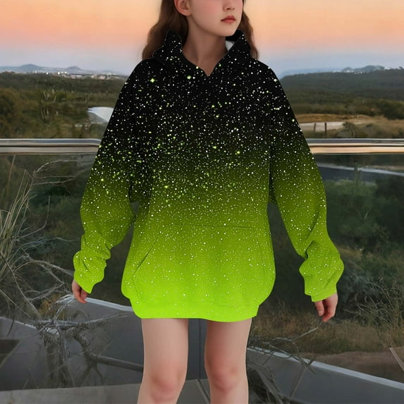 Bnwani Hoodies for Big Girls Long Sleeve Pockets Winter Comfortable Velvet Sweatshirt Gradient Printed Tops Pullover