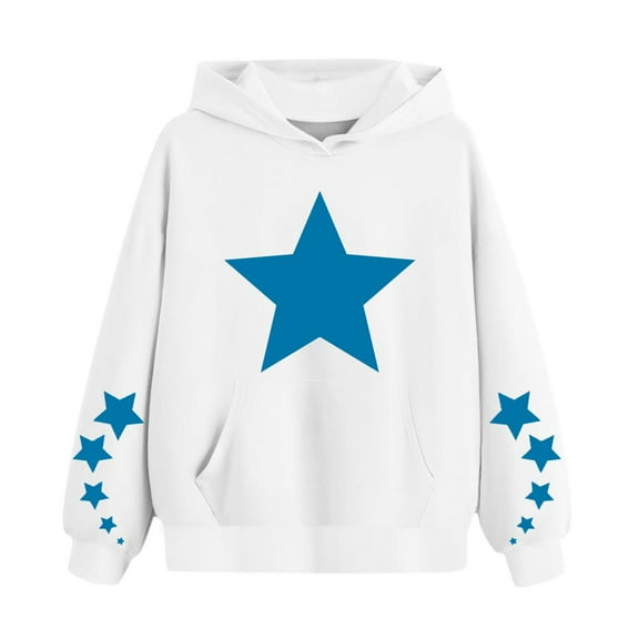 Bnwani Hoodies for Girls Crew Neck Long Sleeve Pockets Short Sweatshirt Stars Graphic Printed Tops Pullover