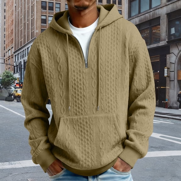 Bnwani Hoodies for Men Solid Color Hooded Pullover Long Sleeve Tops Khaki 2XL