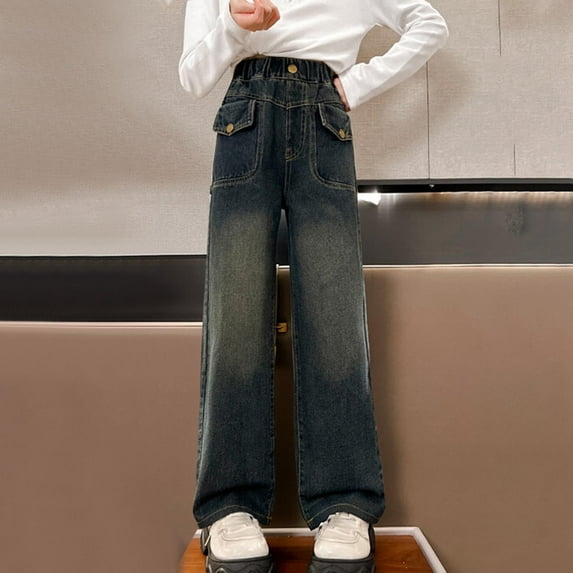 Bnwani Jeans for Girls Wide Leg Pants Elastic Waist Button Casual Outdoor Denim Pants with Pockets Size 5-15