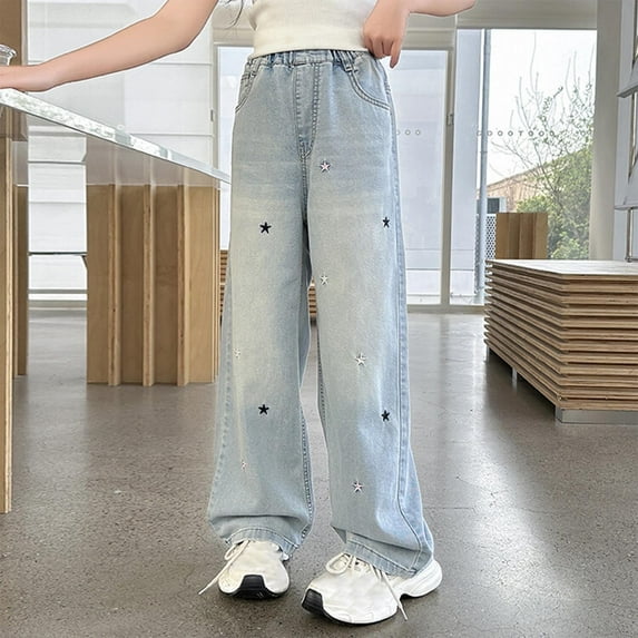 Bnwani Jeans for Girls Wide Leg Pants Elastic Waist Button Stars Casual Outdoor Denim Pants with Pockets Size 5-15