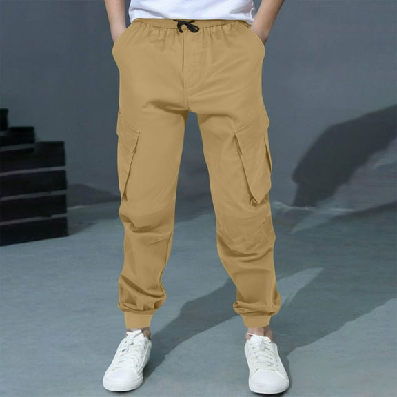 Bnwani Kids Cargo Pants Fall Fashion Casual Drawstring Elastic Waist Joggers Solid with Pockets Pant Yellow Size 13-14 Years