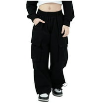 Bnwani Kids Cargo Pants Girls Work Long Loose Cargo Solid Pockets Pants Black 110