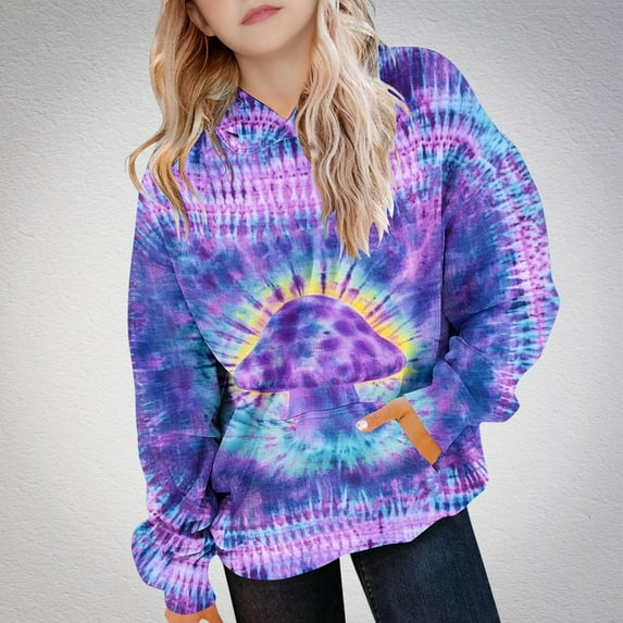Bnwani Kids Hoodies Girls Crew Neck Long Sleeve Pockets Short Sweatshirt Tie-Dye Graphic Printed Tops Pullover