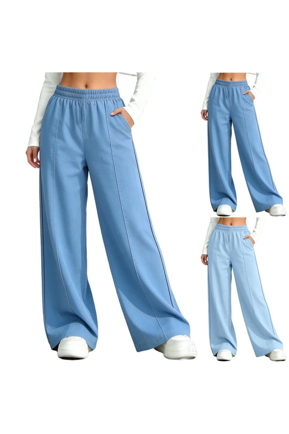 Kids' Lightweight Summer Tencel Denim Pants Solid Color Casual Stretchy Wide-Leg Athletic Trousers with Elastic Waist and Breathable Fabric Light Blue Size 3-4