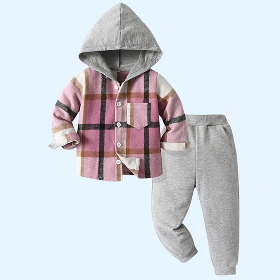 Bnwani Kids Outfit Sets Cotton Hooded Plaid Long Sleeve Jacket and Elastic Waist Jogger Pants with Pockets
