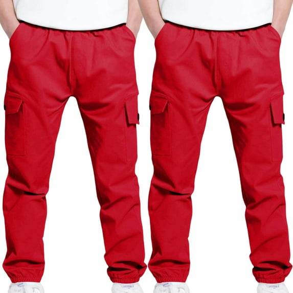 Bnwani Kids Pants Boys Cargo Sports Casual Stretch Elastic Waist Joggers Solid with Multiple Pockets Pant Red 2 Pack