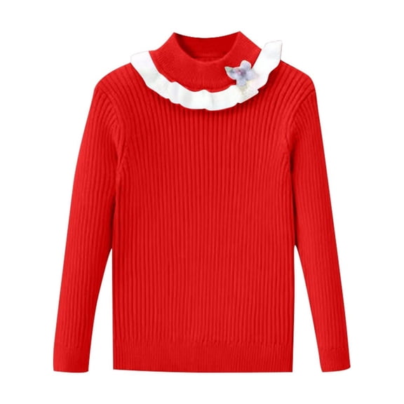 Bnwani Kids Sweaters Girls Winter Fashion Knitted Cotton Crew Neck Turtleneck Long Sleeve Thickened Warm Casual Solid Sweater Red