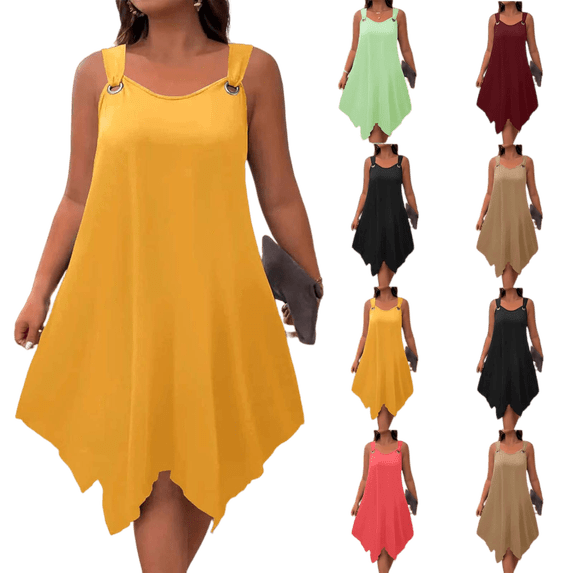 Bnwani Ladies Dresses,Womens Summer Dresses,Crew Neck,Solid,Flare,Sleeveless,Gold,4XL