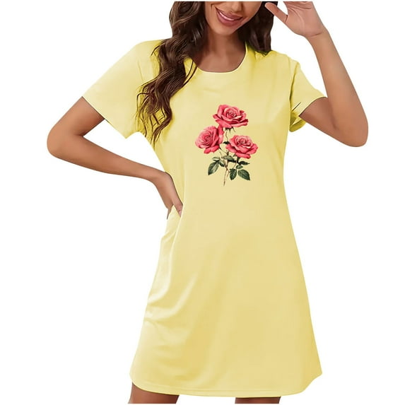 Bnwani Ladies Nightgowns Fashion Oversized Crew Neck Short Sleeve Printed Pink Size S-XXL