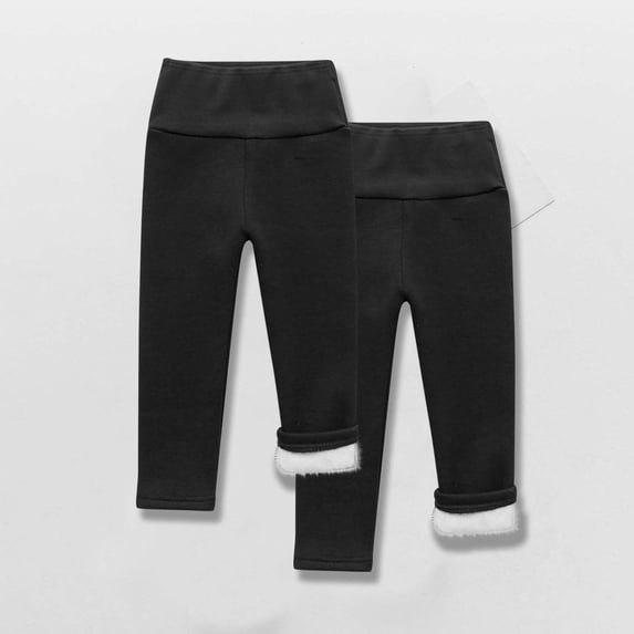 Bnwani Leggings for Kids Girls High Waist Elasticity Fleece Warm Solid Black 2 Pack