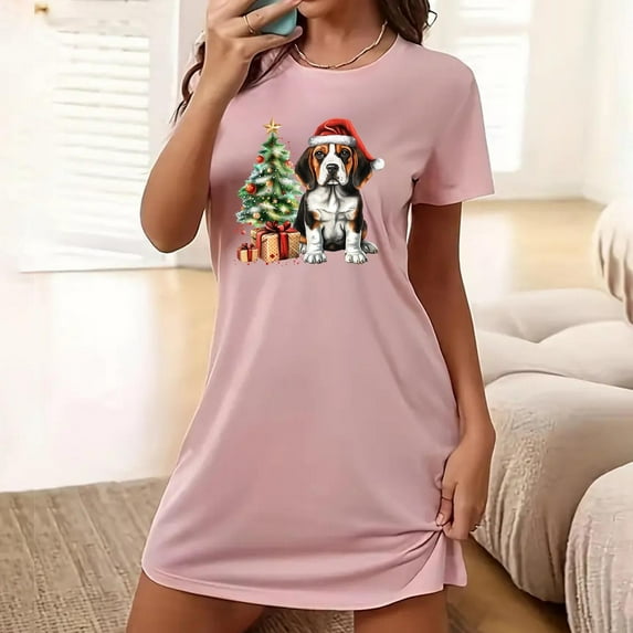 Bnwani Long Nightgowns for Women Fashion Oversized Crew Neck Short Sleeve Printed Pink Size S-XXL
