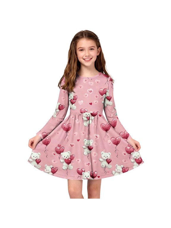 Long Sleeve A-Line Twirly Skater Dress for Girls Stretchy Comfort Fit Round Neck Ballet-Inspired Recital Dress with Festive Print and Soft Woven Fabric Red Size 4-5