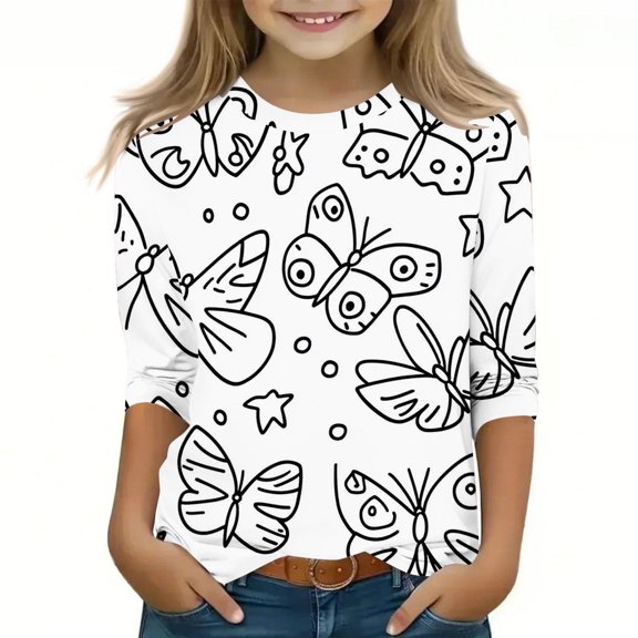 Bnwani Long Sleeve Toddler Shirt White Crew Neck Originality Printed Tops 4-5t