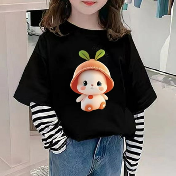 Bnwani Long Sleeve Toddler Shirts Girls Cotton Black Crew Neck Printed Striped Tops 7-8 Years