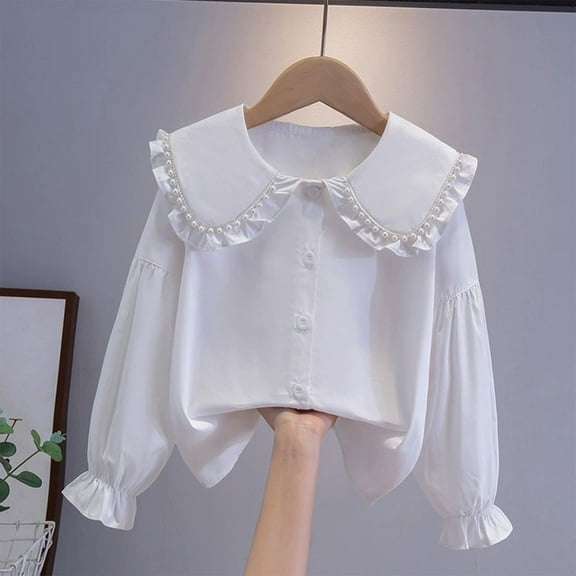 Bnwani Long Sleeve Toddler Shirts Girls Cotton White Lapel Thin Casual Solid Printed Tops 3-4t