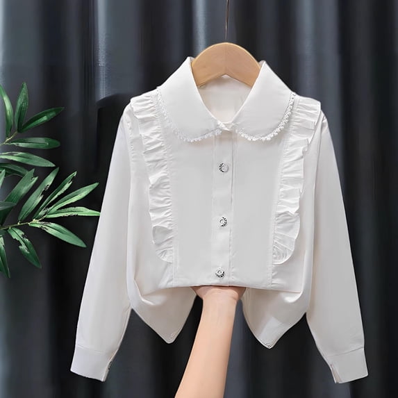 Bnwani Long Sleeve Toddler Shirts Girls Cotton White Lapel Thin Casual Solid Printed Tops 3-4t