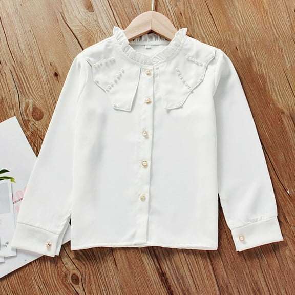 Bnwani Long Sleeve Toddler Shirts Girls Cotton White Lapel Thin Casual Solid Tops 7-8 Years