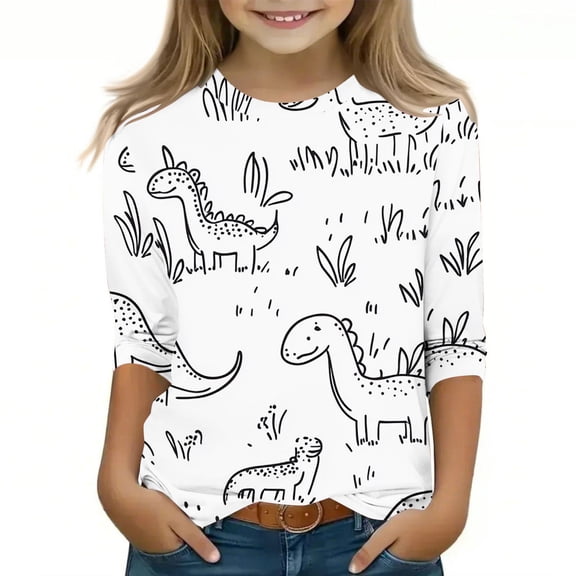 Bnwani Long Sleeve Toddler Shirts Girls White Crew Neck Originality Printed Tops 3-4t