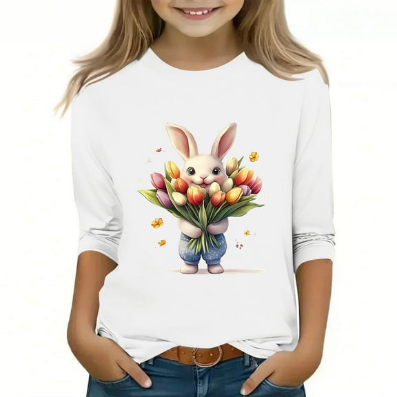 Bnwani Long Sleeve Toddler Shirts Girls White Crew Neck Printed Tops