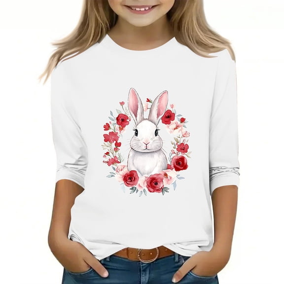 Bnwani Long Sleeve Toddler Shirts Girls White Crew Neck Printed Tops