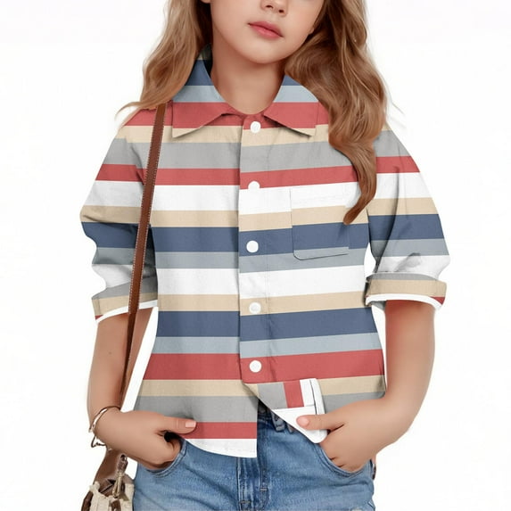 Bnwani Long Sleeve Toddler Shirts Girls White Lapel Casual Fashion Printed Striped Tops 3-4t