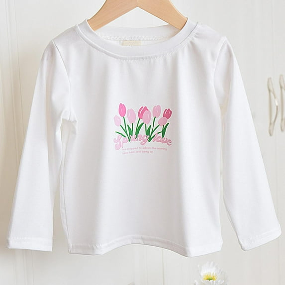 Bnwani Long Sleeve Toddler Shirts Plain Cotton White Crew Neck Loose Casual Printed Tops 3-4t