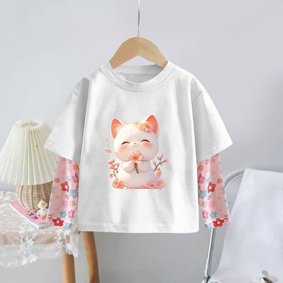 Bnwani Long Sleeve Toddler Shirts Plain Cotton White Crew Neck Sunscreen Thin Printed Tops