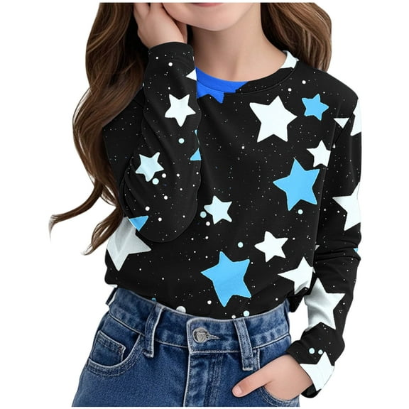 Bnwani Long Sleeve Toddler T Shirt Black Crew Neck Casual Cute Printed Tops 7-8 Years