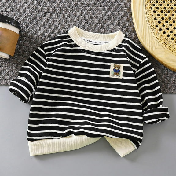 Bnwani Long Sleeve Toddler T Shirt Cotton Black Crew Neck Loose Casual Fashion Striped Tops 3-4t