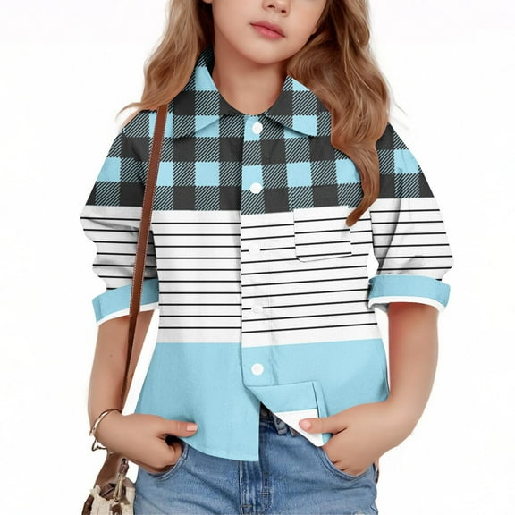 Bnwani Long Sleeve Toddler T Shirt Lapel Casual Fashion Printed Striped Lattice Tops 7-8 Years